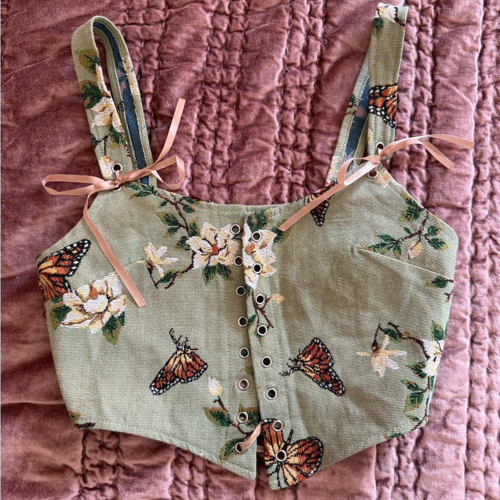 Floral Butterfly Print Green Corset Top